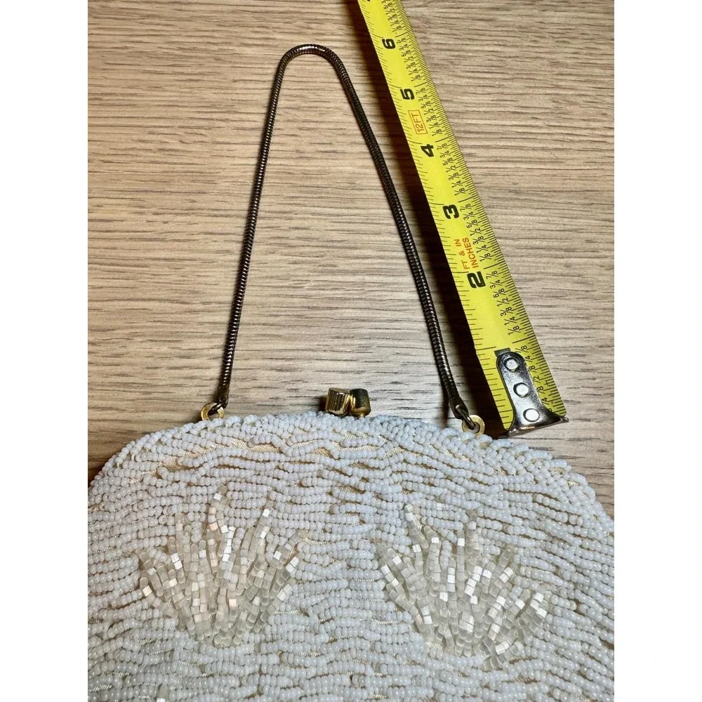 Vintage Handmade Hong Kong White Beaded Evening Purse Kiss Lock Clutch